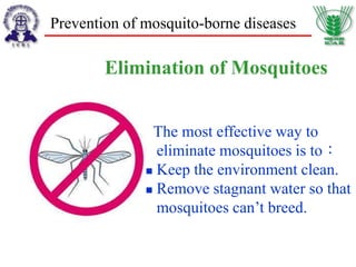 Prevention of mosquito-borne diseases
Elimination of Mosquitoes
The most effective way to
eliminate mosquitoes is to：
 Keep the environment clean.
 Remove stagnant water so that
mosquitoes can’t breed.
 