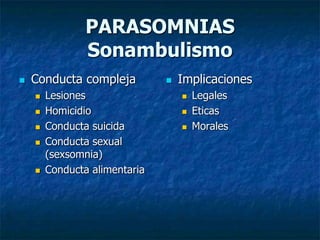 PARASOMNIAS
                Sonambulismo
   Conducta compleja             Implicaciones
       Lesiones                      Legales
       Homicidio                     Eticas
       Conducta suicida              Morales
       Conducta sexual
        (sexsomnia)
       Conducta alimentaria
 