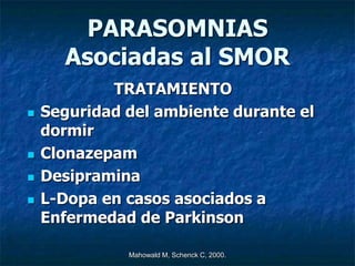 PARASOMNIAS
      Asociadas al SMOR
            TRATAMIENTO
   Seguridad del ambiente durante el
    dormir
   Clonazepam
   Desipramina
   L-Dopa en casos asociados a
    Enfermedad de Parkinson

              Mahowald M, Schenck C, 2000.
 