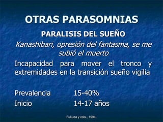 OTRAS PARASOMNIAS
        PARALISIS DEL SUEÑO
Kanashibari, opresión del fantasma, se me
             subió el muerto
Incapacidad para mover el tronco y
extremidades en la transición sueño vigilia

Prevalencia          15-40%
Inicio               14-17 años
                Fukuda y cols., 1994.
 