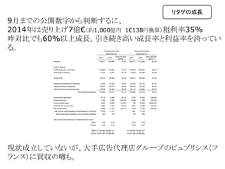 9月までの公開数字から判断するに、
2014年は売り上げ7億€（約1,000億円　1€138円換算）粗利率35%
昨対比でも60%以上成長。引き続き高い成長率と利益率を誇ってい
る。
現状成立していないが、大手広告代理店グループのピュブリシス（フ
ランス）に買収の噂も。
リタゲの成長
 