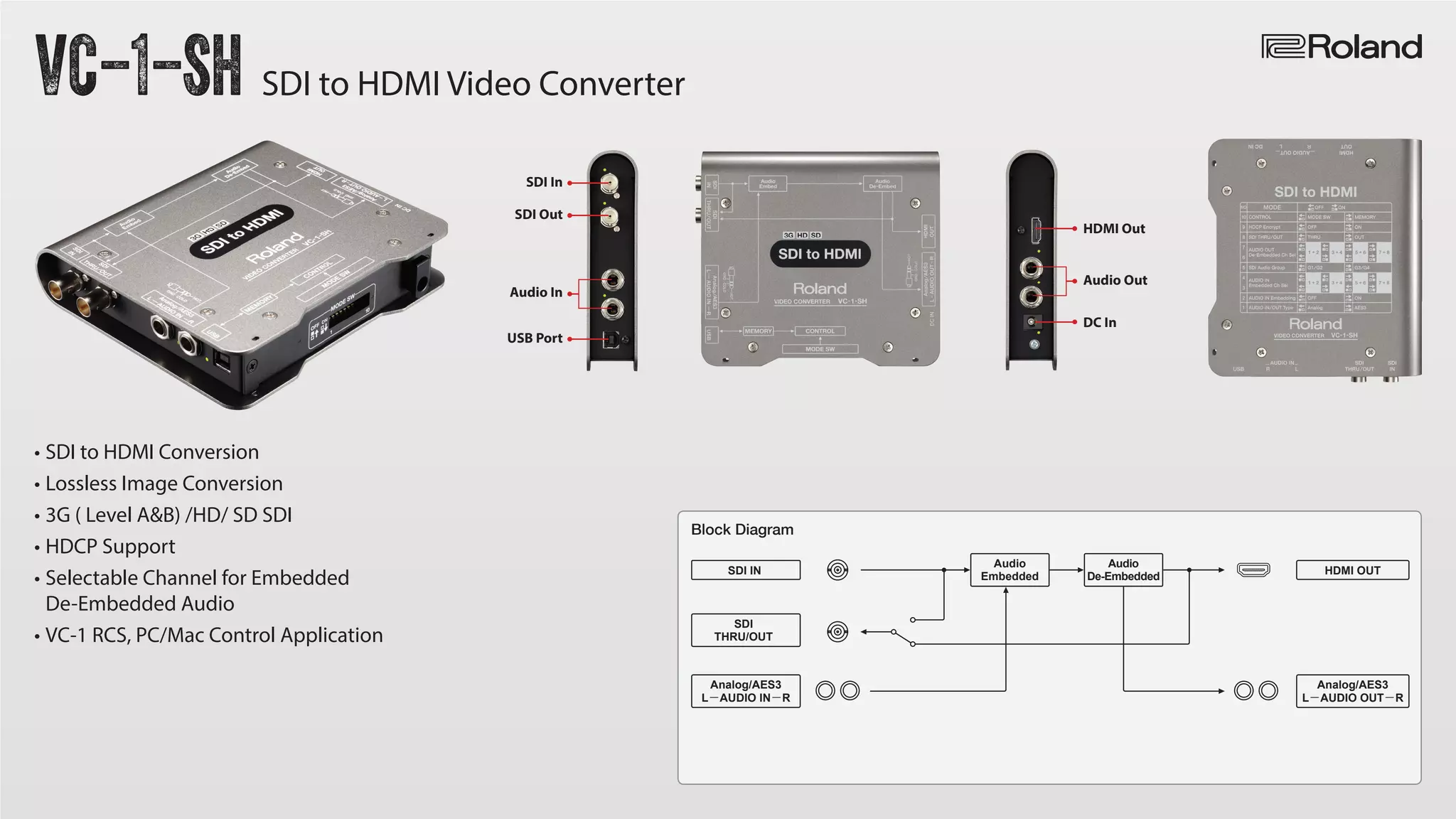 VC-1-sh SDI to HDMI Video Converter
Block Diagram
SDI IN
SDI
THRU/OUT
Analog/AES3
L－AUDIO IN－R
Analog/AES3
L－AUDIO OUT－R
Audio
Embedded
Audio
De-Embedded
HDMI OUT
• SDI to HDMI Conversion
• Lossless Image Conversion
• 3G ( Level A&B) /HD/ SD SDI
• HDCP Support
• Selectable Channel for Embedded
De-Embedded Audio
• VC-1 RCS, PC/Mac Control Application
SDI In
SDI Out
Audio In
USB Port
HDMI Out
Audio Out
DC In
 