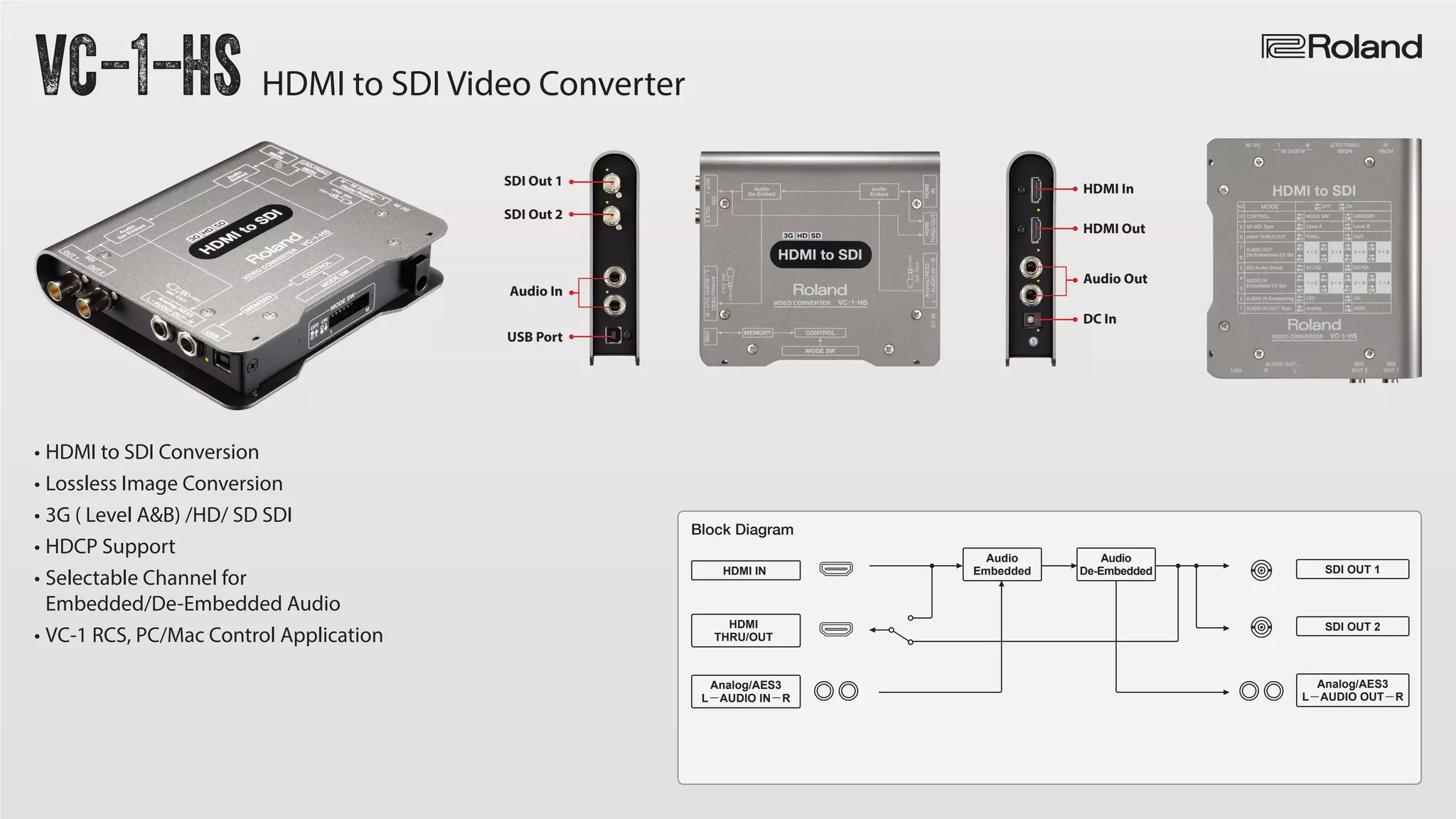VC-1-HS HDMI to SDI Video Converter
Block Diagram
HDMI IN
HDMI
THRU/OUT
Analog/AES3
L－AUDIO IN－R
Analog/AES3
L－AUDIO OUT－R
Audio
Embedded
Audio
De-Embedded SDI OUT 1
SDI OUT 2
• HDMI to SDI Conversion
• Lossless Image Conversion
• 3G ( Level A&B) /HD/ SD SDI
• HDCP Support
• Selectable Channel for
Embedded/De-Embedded Audio
• VC-1 RCS, PC/Mac Control Application
SDI Out 1
SDI Out 2
Audio In
USB Port
HDMI Out
HDMI In
Audio Out
DC In
 