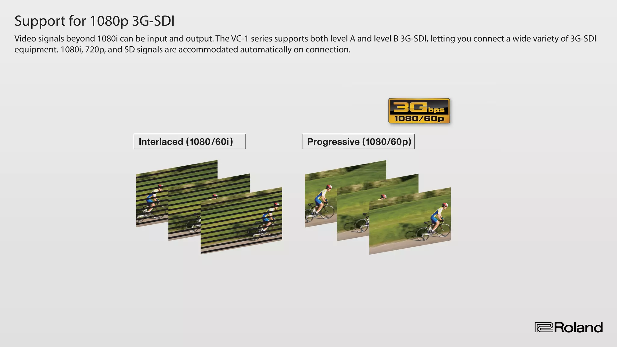 Support for 1080p 3G-SDI
Video signals beyond 1080i can be input and output. The VC-1 series supports both level A and level B 3G-SDI, letting you connect a wide variety of 3G-SDI
equipment. 1080i, 720p, and SD signals are accommodated automatically on connection.
super-blacks to super whites
Interlaced (1080/60i) Progressive (1080/60p)
f jitter
ProgressiveProgressiveProgressive (1080/60p)
 