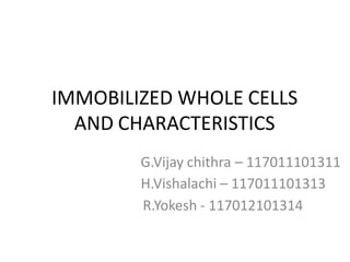 IMMOBILIZED WHOLE CELLS
AND CHARACTERISTICS
G.Vijay chithra – 117011101311
H.Vishalachi – 117011101313
R.Yokesh - 117012101314
 