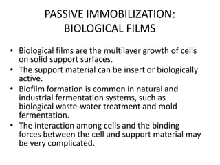 PASSIVE IMMOBILIZATION:
BIOLOGICAL FILMS
• Biological films are the multilayer growth of cells
on solid support surfaces.
• The support material can be insert or biologically
active.
• Biofilm formation is common in natural and
industrial fermentation systems, such as
biological waste-water treatment and mold
fermentation.
• The interaction among cells and the binding
forces between the cell and support material may
be very complicated.
 