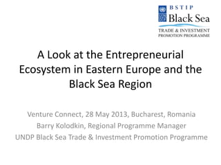 A Look at the Entrepreneurial
Ecosystem in Eastern Europe and the
Black Sea Region
Venture Connect, 28 May 2013, Bucharest, Romania
Barry Kolodkin, Regional Programme Manager
UNDP Black Sea Trade & Investment Promotion Programme
 