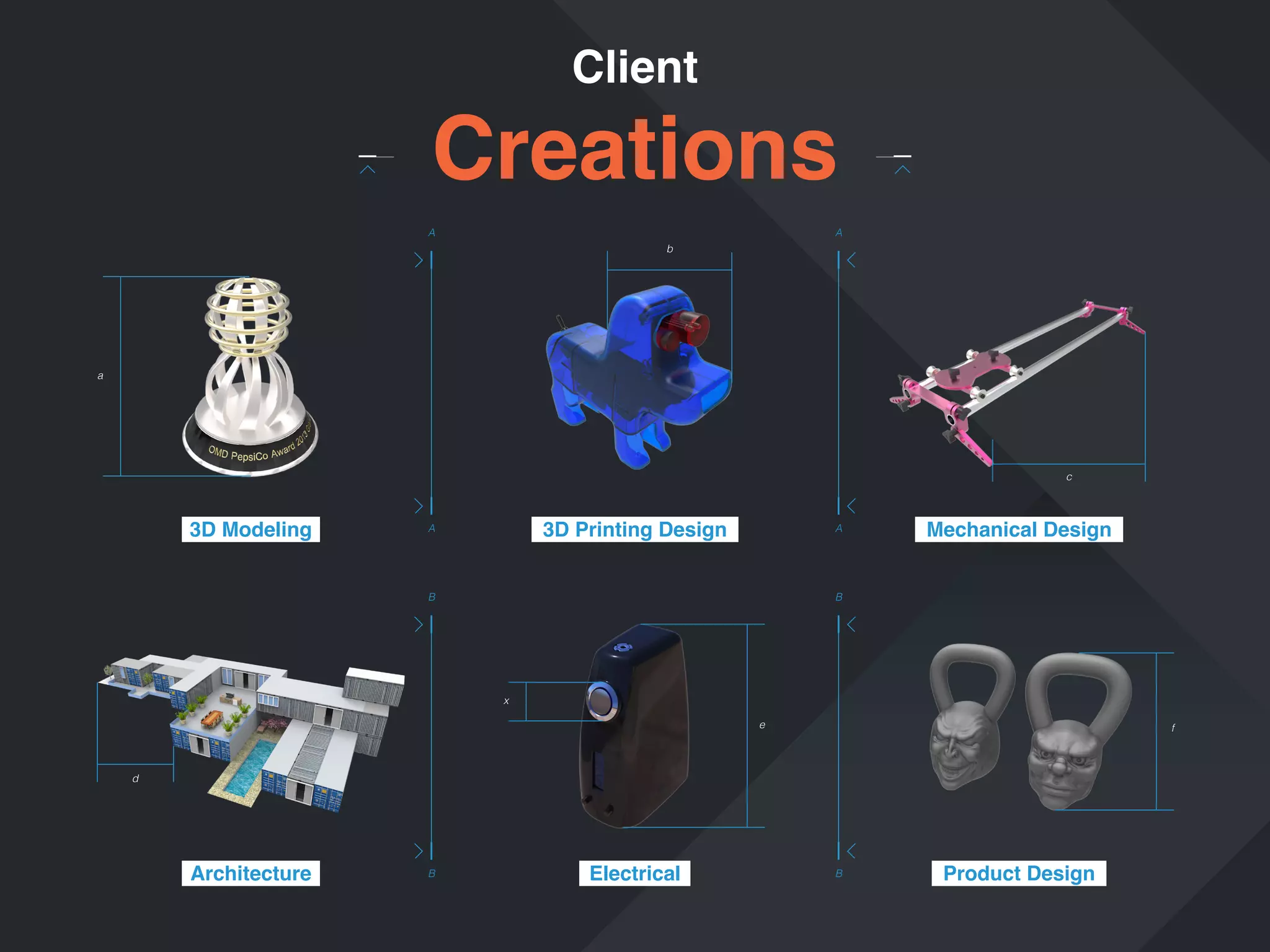 Client

Creations
A

A

b

a

c

3D Modeling

3D Printing Design

A

A

B

Mechanical Design

B

x
e

f

d

Architecture

B

Electrical

B

Product Design

 