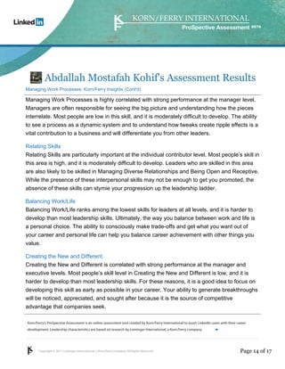 Korn/Ferry’s ProSpective Assessment is an online assessment tool created by Korn/Ferry International to assist LinkedIn users with their career 
development. Leadership characteristics are based on research by Lominger International, a Korn/Ferry company. 
Copyright © 2011 Lominger International, a Korn/Ferry company. All Rights Reserved. 
ProSpective Assessment 
Abdallah Mostafah Kohif's Assessment Results 
Managing Work Processes: Korn/Ferry Insights (Cont'd) 
Managing Work Processes is highly correlated with strong performance at the manager level. 
Managers are often responsible for seeing the big picture and understanding how the pieces 
interrelate. Most people are low in this skill, and it is moderately difficult to develop. The ability 
to see a process as a dynamic system and to understand how tweaks create ripple effects is a 
vital contribution to a business and will differentiate you from other leaders. 
Relating Skills 
Relating Skills are particularly important at the individual contributor level. Most people’s skill in 
this area is high, and it is moderately difficult to develop. Leaders who are skilled in this area 
are also likely to be skilled in Managing Diverse Relationships and Being Open and Receptive. 
While the presence of these interpersonal skills may not be enough to get you promoted, the 
absence of these skills can stymie your progression up the leadership ladder. 
Balancing Work/Life 
Balancing Work/Life ranks among the lowest skills for leaders at all levels, and it is harder to 
develop than most leadership skills. Ultimately, the way you balance between work and life is 
a personal choice. The ability to consciously make trade-offs and get what you want out of 
your career and personal life can help you balance career achievement with other things you 
value. 
Creating the New and Different 
Creating the New and Different is correlated with strong performance at the manager and 
executive levels. Most people’s skill level in Creating the New and Different is low, and it is 
harder to develop than most leadership skills. For these reasons, it is a good idea to focus on 
developing this skill as early as possible in your career. Your ability to generate breakthroughs 
will be noticed, appreciated, and sought after because it is the source of competitive 
advantage that companies seek. 
linkedin.kornferry.com 
Page 14 of 17 
 