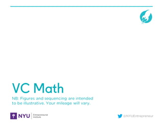 @NYUEntrepreneur
VC Math
NB: Figures and sequencing are intended
to be illustrative. Your mileage will vary.
 