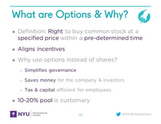 @NYUEntrepreneur
What are Options & Why?
u Definition: Right to buy common stock at a
specified price within a pre-determined time
u Aligns incentives
u Why use options instead of shares?
o Simplifies governance
o Saves money for the company & investors
o Tax & capital efficient for employees
u 10-20% pool is customary
20
 