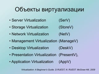 Объекты виртуализации
• Server Virtualization (SerV)
• Storage Virtualization (StoreV)
• Network Virtualization (NetV)
• Management Virtualization (ManageV)
• Desktop Virtualization (DeskV)
• Presentation Virtualization (PresentV),
• Application Virtualization (AppV)
Virtualization: A Beginner’s Guide. D.RUEST, N. RUEST. McGraw-Hill, 2009
 