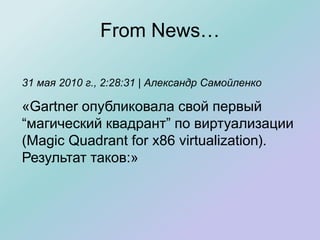 From News…
31 мая 2010 г., 2:28:31 | Александр Самойленко
«Gartner опубликовала свой первый
“магический квадрант” по виртуализации
(Magic Quadrant for x86 virtualization).
Результат таков:»
 