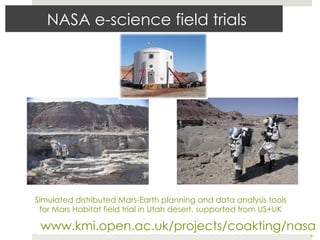 NASA e-science field trials




Simulated distributed Mars-Earth planning and data analysis tools
 for Mars Habitat field trial in Utah desert, supported from US+UK

 www.kmi.open.ac.uk/projects/coakting/nasa
                                                                     37
 