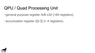 QPU / Quad Processing Unit
・general purpose register A/B x32 (=64 registers)
・accumulator register r[0-3] (= 4 registers)
 