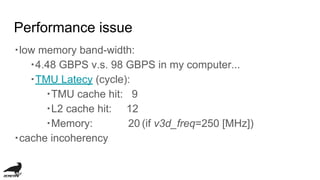 Performance issue
・low memory band-width:
・4.48 GBPS v.s. 98 GBPS in my computer...
・TMU Latecy (cycle):
・TMU cache hit: 9
・L2 cache hit: 12
・Memory: 20 (if v3d_freq=250 [MHz])
・cache incoherency
 