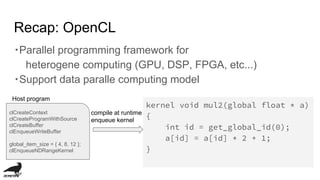 ・Parallel programming framework for
heterogene computing (GPU, DSP, FPGA, etc...)
・Support data paralle computing model
Recap: OpenCL
kernel void mul2(global float * a)
{
int id = get_global_id(0);
a[id] = a[id] * 2 + 1;
}
clCreateContext
clCreateProgramWithSource
clCreateBuffer
clEnqueueWriteBuffer
global_item_size = { 4, 8, 12 };
clEnqueueNDRangeKernel
compile at runtime
enqueue kernel
Host program
 