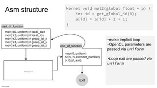 Asm structure kernel void mul2(global float * a) {
int id = get_global_id(0);
a[id] = a[id] * 2 + 1;
}
・make implicit loop
・OpenCL parameters are
passed via uniform
・Loop exit are passed via
uniform
 