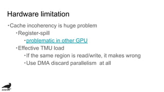 Hardware limitation
・Cache incoherency is huge problem
・Register-spill
・problematic in other GPU
・Effective TMU load
・If the same region is read/write, it makes wrong
・Use DMA discard parallelism at all
 