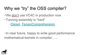 Why we “try” the OSS compiler?
・We don’t use VC4C in production now
・Tunning assembly is “hard”
・Diesel, TensorComprehension
・In near future, happy to write good performance
mathematical kernels in compiler…...
 