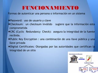 FUNCIONAMIENTO
Formas de autenticar una persona o información en un sistema
★Password: uso de usuario y clave
★Checksum: un checksum inválido sugiere que la información esta
comprometida
★CRC (Cyclic Redundancy Check): asegura la integridad de la fuente
recibida.
★Public Key Encryption : una combinación de una llave pública y una
llave privada
★Digital Certificates: Otorgadas por las autoridades que certifican la
integridad de un sitio

 