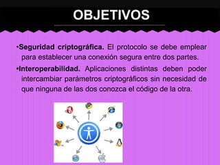 OBJETIVOS
•Seguridad criptográfica. El protocolo se debe emplear
para establecer una conexión segura entre dos partes.
•Interoperabilidad. Aplicaciones distintas deben poder
intercambiar parámetros criptográficos sin necesidad de
que ninguna de las dos conozca el código de la otra.

 