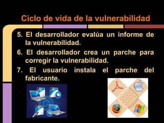 Ciclo de vida de la vulnerabilidad
5. El desarrollador evalúa un informe de
la vulnerabilidad.
6. El desarrollador crea un parche para
corregir la vulnerabilidad.
7. El usuario instala el parche del
fabricante.

 