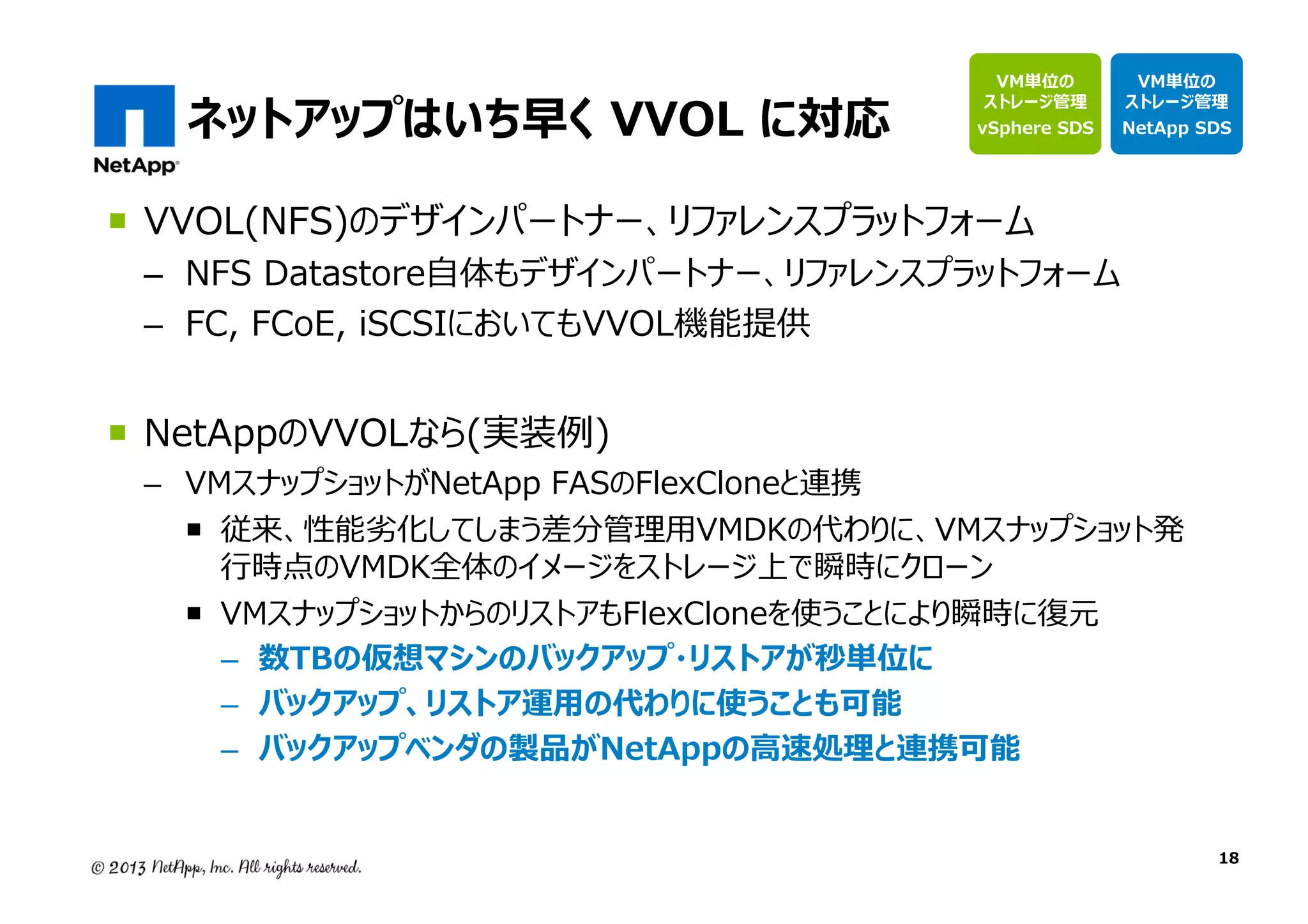 ネットアップはいち早く VVOL に対応

VM単位の
ストレージ管理

vSphere SDS

VM単位の
ストレージ管理

NetApp SDS

VVOL(NFS)のデザインパートナー、リファレンスプラットフォーム

– NFS Datastore自体もデザインパートナー、リファレンスプラットフォーム
– FC, FCoE, iSCSIにおいてもVVOL機能提供

NetAppのVVOLなら(実装例)

– VMスナップショットがNetApp FASのFlexCloneと連携
従来、性能劣化してしまう差分管理⽤VMDKの代わりに、VMスナップショット発
⾏時点のVMDK全体のイメージをストレージ上で瞬時にクローン
VMスナップショットからのリストアもFlexCloneを使うことにより瞬時に復元
– 数TBの仮想マシンのバックアップ・リストアが秒単位に
– バックアップ、リストア運用の代わりに使うことも可能
– バックアップベンダの製品がNetAppの⾼速処理と連携可能
18

 