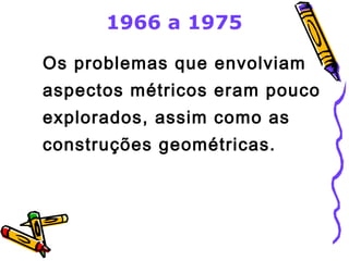 1966 a 1975 
Os problemas que envolviam 
aspectos métricos eram pouco 
explorados, assim como as 
construções geométricas. 
 