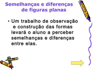 Semelhanças e diferenças 
de figuras planas 
• Um trabalho de observação 
e construção das formas 
levará o aluno a perceber 
semelhanças e diferenças 
entre elas. 
 