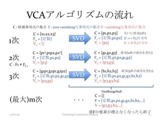 VCAアルゴリズムの流れ
13/07/09 Vanishing Component Analysis 13
C = [x1,x2,x3]
F0 = [定数]
V0 = []
C = [p1,p2,p3] 互いに直交(1次)
F1 = [定数,p1,p2] {f : ε > Dii}を追加
V1 = [p3] {f : ε ≦ Dii}を追加
SVD
C = [p12,p1p2,p22]
F1 = [定数,p1,p2]
V1 = [p3]
1次
2次
C = [g1,g2,g3]
F2 = [定数,p1,p2,g1,g2]
V2 = [p3,g3]
C = [g1p1,g2p1,g2p2]
F2 = [定数,p1,p2,g1,g2]
V2 = [p3,g3]
C = [h1,h2,h3]
F3 = [定数,p1,p2,g1,g2,h1,h2]
V3 = [p3,g3,h3]
3次
直交(2次の成分を含む)
直交(3次の成分を含む)
・・・
C = []
F = [定数,p1,p2,g1,g2,h1,h2,…]
V = [p3,g3,h3,…]
※Fの要素が増えなくなったら終了
(最大)m次
SVD
SVD
C : 候補多項式の集合 F : non-vanishingな多項式の集合 V : vanishingな多項式の集合
FindRangeNull
C : F1 × Ft-1
 