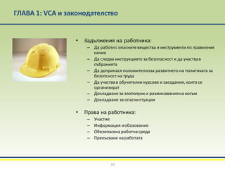 ГЛАВА 1: VCA и законодателство
• Задължения на работника:
– Да работи с опаснитевещества и инструменти по правилния
начин
– Да следва инструкциите за безопасност и да участвав
събранията
– Да допринася положителноза развитието на политиката за
безопсност на труда
– Да участвав обучителни курсове и заседания, които се
организират
– Докладване за злополуки и разминаванияна косъм
– Докладване за опаснистуации
• Права на работника:
– Участие
– Информация иобазование
– Обезопасена работнасреда
– Прекъсване наработата
10
 