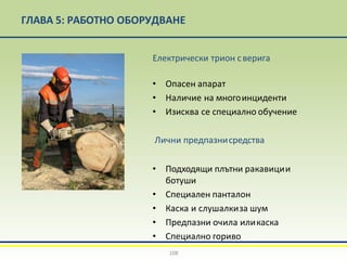 ГЛАВА 5: РАБОТНО ОБОРУДВАНЕ
Електрически трион сверига
• Опасен апарат
• Наличие на многоинциденти
• Изисква се специално обучение
Лични предпазнисредства
• Подходящи плътни ракавиции
ботуши
• Специален панталон
• Каска и слушалкиза шум
• Предпазни очила иликаска
• Специално гориво
108
 