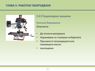 ГЛАВА 5: РАБОТНО ОБОРУДВАНЕ
5.4 Стационарни машини
Колонна бормашина:
Опасности
• Да отскочиматериала
• Нараняване от счупване набургията
• Пръсканеот охлаждащотоили
смазващото масло
• заклещване
110
 