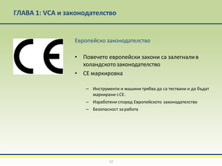 ГЛАВА 1: VCA и законодателство
Европейско законодателство
• Повечето европейски закони са залегналив
холандскотозаконодателство
• СЕ маркировка
– Инструменти и машини трябва да са тествани и да бъдат
маркирани сСЕ.
– Изработени според Европейското законодателство
– Безопасност за работа
12
 