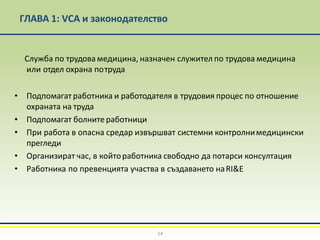 ГЛАВА 1: VCA и законодателство
14
Служба по трудова медицина, назначен служител по трудова медицина
или отдел охрана потруда
• Подпомагат работника и работодателя в трудовия процес по отношение
охраната на труда
• Подпомагат болнитеработници
• При работа в опасна средар извършват системни контролнимедицински
прегледи
• Организират час, в койтоработника свободно да потарси консултация
• Работника по превенцията участва в създаването наRI&E
 