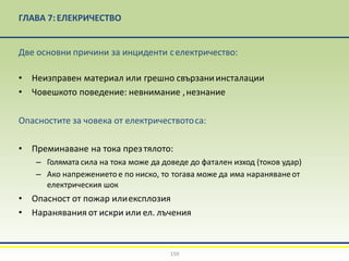 ГЛАВА 7:EЛЕКРИЧЕСТВО
159
Две основни причини за инциденти селектричество:
• Неизправен материал или грешно свързаниинсталации
• Човешкото поведение: невнимание ,незнание
Опасностите за човека от електричествотоса:
• Преминаване на тока презтялото:
– Голямата сила на тока може да доведе до фатален изход (токов удар)
– Ако напрежението е по ниско, то тогава може да има нараняванеот
електрическия шок
• Опасност от пожар илиексплозия
• Наранявания от искри или ел. лъчения
 