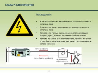ГЛАВА 7:EЛЕКРИЧЕСТВО
Последствия:
• Колкото е по-високо напрежението, толкова по-голяма е
силата на тока.
• Колкото е по ниско напрежението, толкова по-малка е
силата на тока
• Колкото е по-голямо с съпротивлението(изолиращия
матриял, гума), толкова по –малка е силата на тока
• Колкото по-слабо е съпротивлението, толкова по-силен
е тока (напр. мократа кожа има ниско съпротивление и
за това е опасна)
161
поток през фазата
поток обратно през фазата
дефект
ток на изтичане =
диференциален ток
 