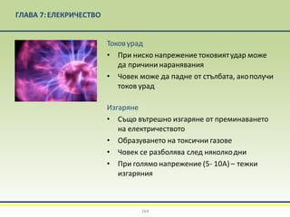 ГЛАВА 7:EЛЕКРИЧЕСТВО
Токовурад
• При ниско напрежение токовиятудар може
да причини наранявания
• Човек може да падне от стълбата, акополучи
токов урад
Изгаряне
• Също вътрешно изгаряне от преминаването
на електричеството
• Образуването на токсични газове
• Човек се разболява след няколкодни
• При голямо напрежение (5- 10А) – тежки
изгаряния
164
 
