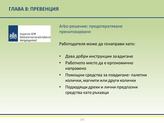 ГЛАВА 8: ПРЕВЕНЦИЯ
Arbo-решение: предотвратяване
пренатоварване
Работодателя може да гонаправи като:
• Дава добри инструкции завдигане
• Работното място да е ергономично
направено
• Помощни средства за повдигане- палетни
колички,магнити или други колички
• Подходящидрехи и лични предпазни
средства като ръкавци
175
 