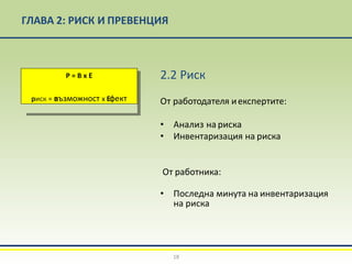 ГЛАВА 2: РИСК И ПРЕВЕНЦИЯ
2.2 Риск
От работодателя иекспертите:
• Анализ на риска
• Инвентаризация на риска
От работника:
• Последна минута на инвентаризация
на риска
P = B x E
риск = възможност x Eфект
18
 