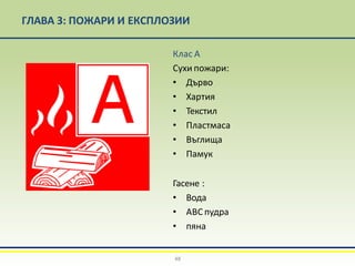 ГЛАВА 3: ПОЖАРИ И ЕКСПЛОЗИИ
Клас A
Сухи пожари:
• Дърво
• Хартия
• Текстил
• Пластмаса
• Въглища
• Памук
Гасене :
• Вода
• АВС пудра
• пяна
48
 