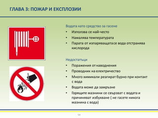 ГЛАВА 3: ПОЖАР И ЕКСПЛОЗИИ
Водата като средство за гасене
• Използва се най-често
• Намалява температурата
• Парата от изпаряващатасе вода отстранява
кислорода
Недостатъци
• Поражения отнаводнения
• Проводник на електричество
• Много химикали реагират бурно при контакт
с вода
• Водата може да замръзне
• Горящите мазнини се свързват с водата и
причиняват избухване ( не гасете никога
мазнина с вода)
54
 