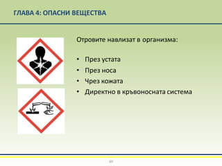 ГЛАВА 4: ОПАСНИ ВЕЩЕСТВА
Отровите навлизат в организма:
• През устата
• През носа
• Чрез кожата
• Директно в кръвоносната система
69
 