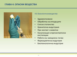 ГЛАВА 4: ОПАСНИ ВЕЩЕСТВА
4.6 Биологичнивещества
• Здравеопазване
• Обработка на отпадъците
• Селско стопанство
• Хранителна индустраия
• При контакт сживотни
• Канализация ипречиствателни
инсталации
• Работа със замърсена почва
• Фармацевтична индустрия
• Биотехнологична индустрия
77
 