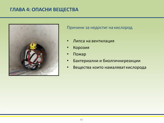 ГЛАВА 4: ОПАСНИ ВЕЩЕСТВА
Причини за недостиг накислород
• Липса на вентилация
• Корозия
• Пожар
• Бактериални и биолгичниреакции
• Вещества които намаляваткислорода
92
 