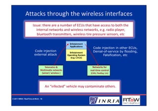 Attacks through the wireless interfaces
                        Issue: there are a number of ECUs that have access to both the
                           internal networks and wireless networks, e.g. radio player,
                            bluetooth transmitters, wireless tire pressure sensors, etc


                                                                      Code injection in other ECUs,
                          Code injection                              Denial-of-service by flooding,
                          external attack                                   Falsification, etc



                                    Telematics &                     Networks for
                                 Multimedia networks               real-time control
                                  (wired / wireless )               (CAN, FlexRay, Lin)




                                       An “infected” vehicle may contaminate others.


© 2011 INRIA / RealTime-at-Work - 16
 