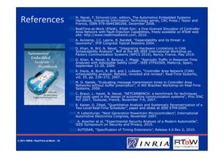 References                           [1] N. Navet, F. Simonot-Lion, editors, The Automotive Embedded Systems
                                           Handbook, Industrial Information Technology series, CRC Press / Taylor and
                                           Francis, ISBN 978-0849380266, December 2008.
                                       [2] RealTime-at-Work (RTaW), RTaW-Sim: a Fine-Grained Simulator of Controller
                                           Area Network with Fault-Injection Capabilities, freely available on RTaW web
                                           site: http://www.realtimeatwork.com, 2010.
                                       [3] A. Avizienis, J.C. Laprie, B. Randell, “Dependability and its threat: a
                                           taxonomy", IFIP Congress Topical Sessions 2004.
                                       [4] D. Khan, R. Bril, N. Navet, “Integrating Hardware Limitations in CAN
                                           Schedulability Analysis“, WiP at the 8th IEEE International Workshop on
                                           Factory Communication Systems (WFCS 2010), Nancy, France, May 2010.
                                       [5] D. Khan, N. Navet, B. Bavoux, J. Migge, “Aperiodic Traffic in Response Time
                                           Analyses with Adjustable Safety Level“, IEEE ETFA2009, Mallorca, Spain,
                                           September 22-26, 2009.
                                       [6] R. Davis, A. Burn, R. Bril, and J. Lukkien, “Controller Area Network (CAN)
                                           schedulability analysis: Refuted, revisited and revised”, Real-Time Systems,
                                           vol. 35, pp. 239–272, 2007.
                                       [7] M. D. Natale, “Evaluating message transmission times in Controller Area
                                           Networks without buffer preemption”, in 8th Brazilian Workshop on Real-Time
                                           Systems, 2006.
                                       [8] C. Braun, L. Havet, N. Navet, "NETCARBENCH: a benchmark for techniques
                                           and tools used in the design of automotive communication systems", Proc IFAC
                                           FeT 2007, Toulouse, France, November 7-9, 2007.
                                       [9] R. Kaiser, D. Zöbel, “Quantitative Analysis and Systematic Parametrization of a
                                           Two-Level Real-Time Scheduler”, paper and slides at IEEE ETFA’2009.
                                       [10] P. Leteinturier, “Next Generation Powertrain Microcontrollers”, International
                                           Automotive Electronics Congress, November 2007.
                                       [11] K. Koscher et al, “Experimental Security Analysis of a Modern Automobile”,
                                           IEEE Symposium on Security and Privacy, 2010.
                                       [12] AUTOSAR, “Specification of Timing Extensions”, Release 4.0 Rev 2, 2010.


© 2011 INRIA / RealTime-at-Work - 19
 