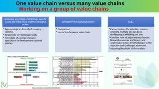One value chain versus many value chains
Working on a group of value chains
Analysing a portfolio of VCs fits to specific
issues and entry point at different spatial
scales:
• Agro-ecological, diversified cropping
systems
• Respond to territorial approach,
• Formulate of a comprehensive
agricultural or development national
policies.
Strengthen the analytical power:
• Comparison,
• Interaction between value chain
But…
• Cannot replace the selection process:
selecting multiple VCs can be as
challenging as selecting just one
• Consider how to adjust means (human,
financial resources and times) and
analytical practices (methodology) to the
objective and challenges addressed.
• Adjusting the depth of the analysis
https://www.fao.org/4/ad923e/ad923e00.htm
 