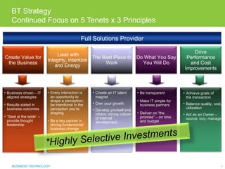 BT Strategy
    Continued Focus on 5 Tenets x 3 Principles

                                               Full Solutions Provider

                                                                                                            Drive
                               Lead with
Create Value for                               The Best Place to Do What You Say                        Performance
                          Integrity, Intention
 the Business                                       Work           You Will Do                           and Cost
                              and Energy
                                                                                                       Improvements



• Business driven – IT    • Every interaction is    • Create an IT talent      • Be transparent       • Achieve goals of
  aligned strategies        an opportunity to         magnet                                            the transaction
                            shape a perception;                                • Make IT simple for
• Results stated in         be intentional in the   • Own your growth            business partners    • Balance quality, cost,
  business outcomes         perception you’re                                                           utilization
                                                    • Develop yourself and
                            shaping                   others: strong culture   • Deliver on “the      • Act as an Owner –
• “Seat at the table” –                               of internal                promise” – on time     source, buy, manage
  provide thought         • Be a key partner in       development                and budget
  leadership                driving fundamental
                            business change

                                             Investments
                             ighly Selective
                          • Obsessive focus on

                          *Hkey business
                            imperatives




    BUSINESS TECHNOLOGY                                                                                                      1
 